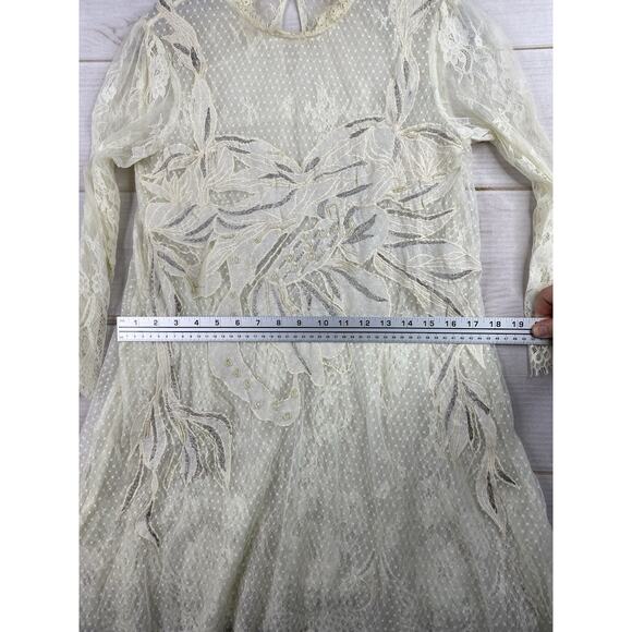 Free People Tunic Dress S Cream Floral Lace Mesh 3/4 Sleeve Vintage Look Boho - Picture 8 of 15